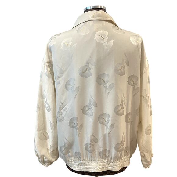 Vtg 80s Floral Silk Bomber Jacket Cream Gold Metallic Coat Size Large Lily - Picture 4 of 9